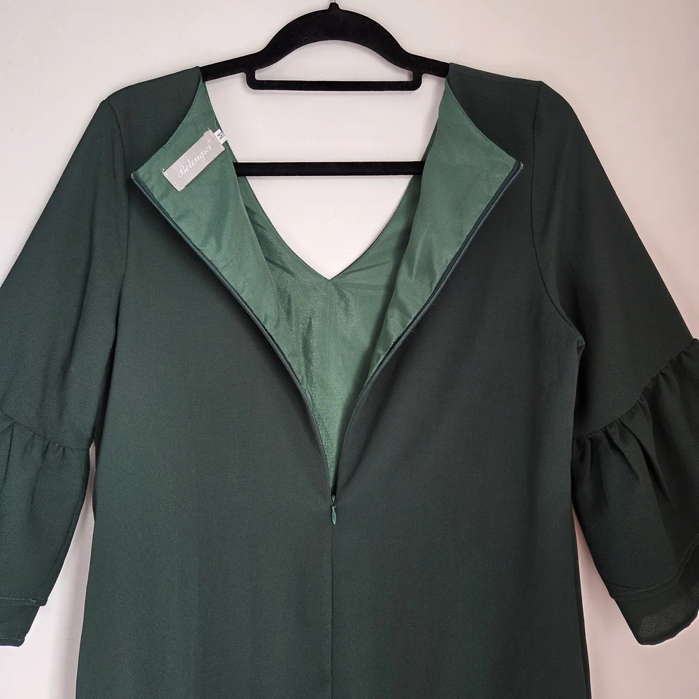 Belongsci Dark Green Loose Fit Shift Mini Dress 3/4 Tiered Bell Sleeve Size M - Picture 9 of 10